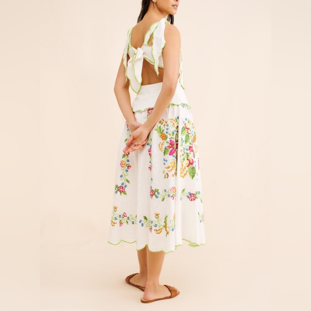 Farm Rio Tropical Romance Floral-embroidered Linen-blend Midi Dress Size XL - Picture 12 of 15